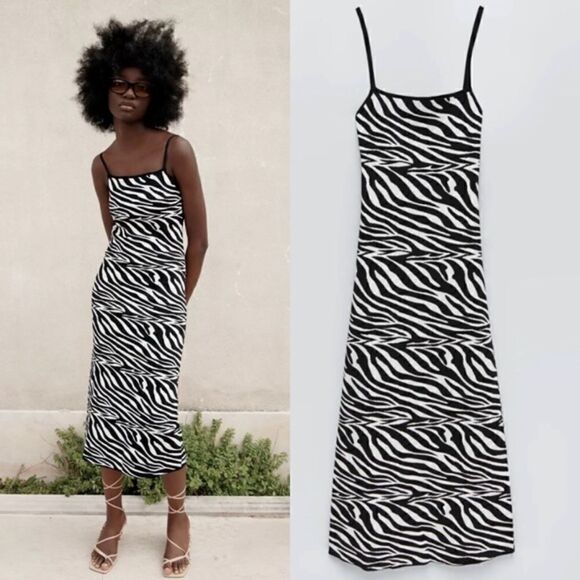Zara Jacquard Knit Maxi Black White Dress Animal Zebra Print Backless Size M - Picture 1 of 12